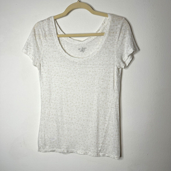 Loft Cream 100% Linen Light Short Sleeve Polka Dot Scoop Neck Shirt Tee XS - Picture 1 of 8